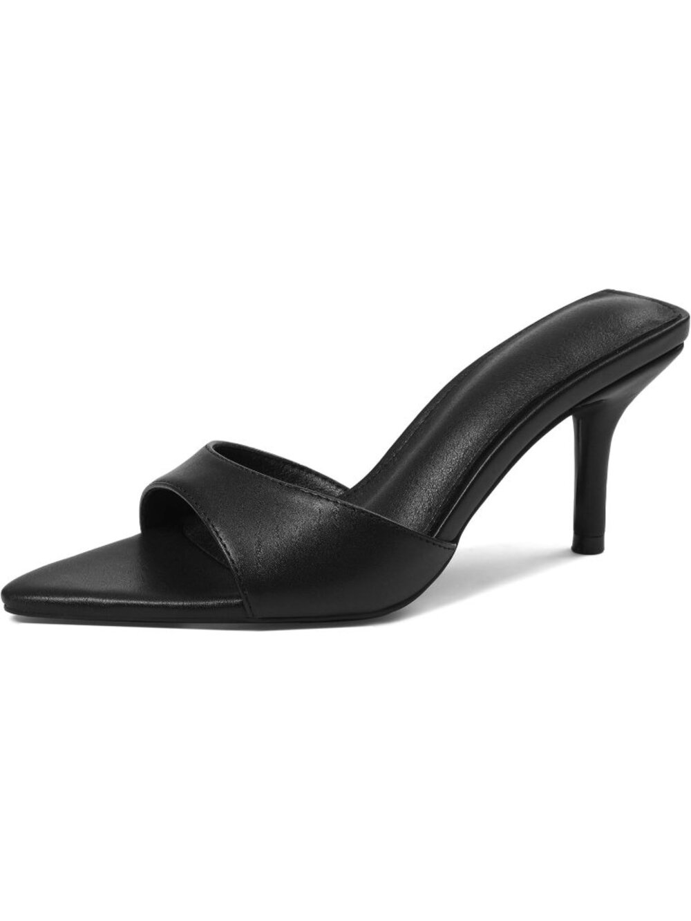 Women's Pu-Black Mules Kitten Heels Pointed Open Peep Toe High Heels Backless